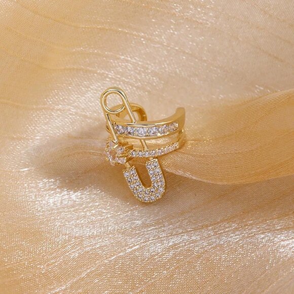 Gold Safety Pin Non Piercing Rhinestone Star Clip on Earring Cartilage Jewelry - Picture 7 of 9